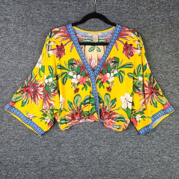 Free Market by Flying Tomato Womens Vibrant Floral Yellow Faux‎ Wrap Crop Top - Picture 1 of 7
